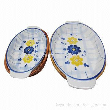 Fine Porcelain 8.5-14.5-inch Oval Trays with Basket, Hand Paint